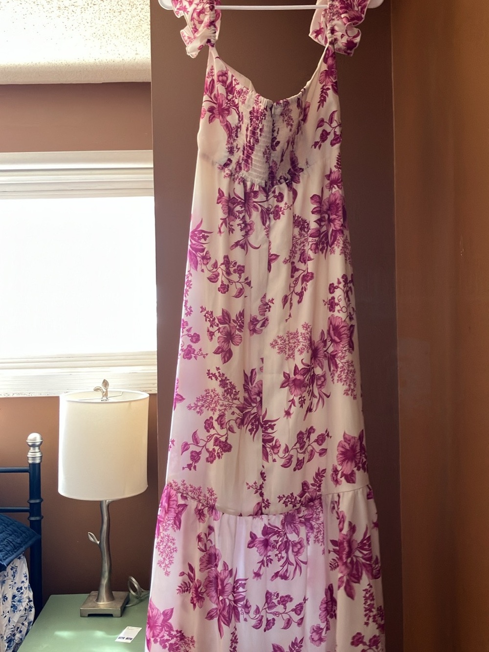 Park & Fifth White Maxi Dress with Fuchsia Floral Print and Ruffle Straps - Picture 2 of 3